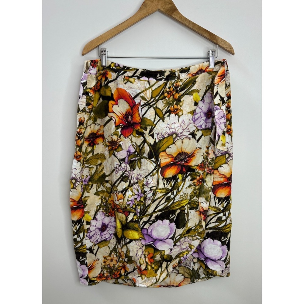 Chico's 100% Linen Floral Faux Wrap Tie Skirt Size 2P US 12 14 Petite Resortwear - Picture 2 of 9